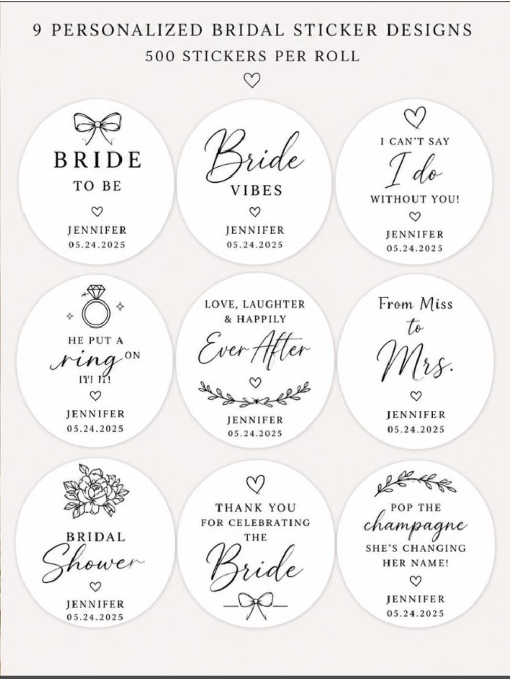 Bridal Wedding Stickers Customized 500